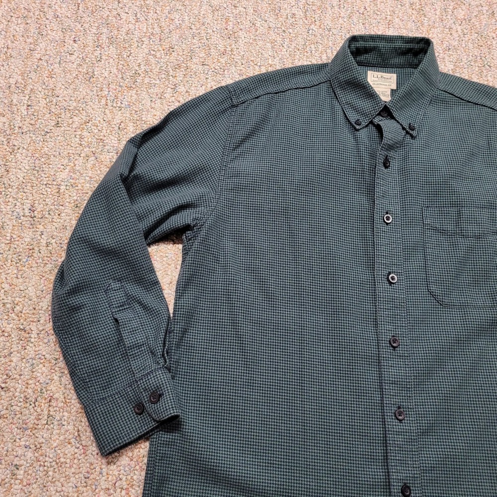 LL Bean Shirt Mens Medium Green Houndstooth Traditional Fit Button Down Outdoors - Picture 5 of 13